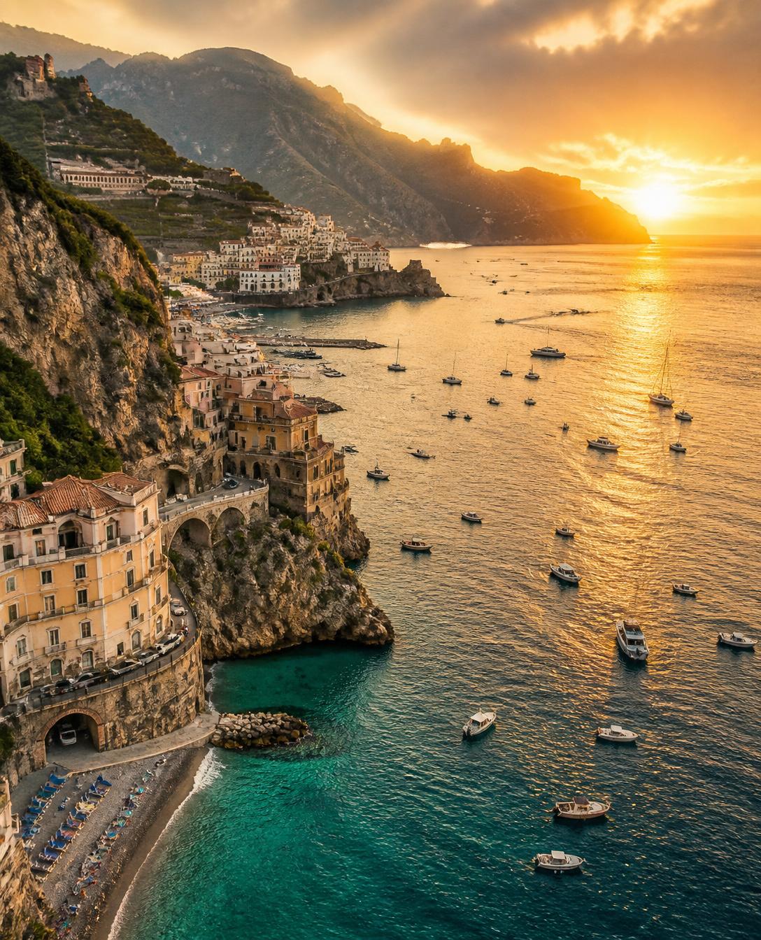 Aerial view of the Amalfi Coast at sunset